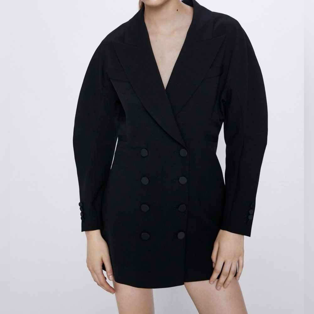 Zara Sz S Black Tuxedo Double Breasted Blazer Structured Mini Dress